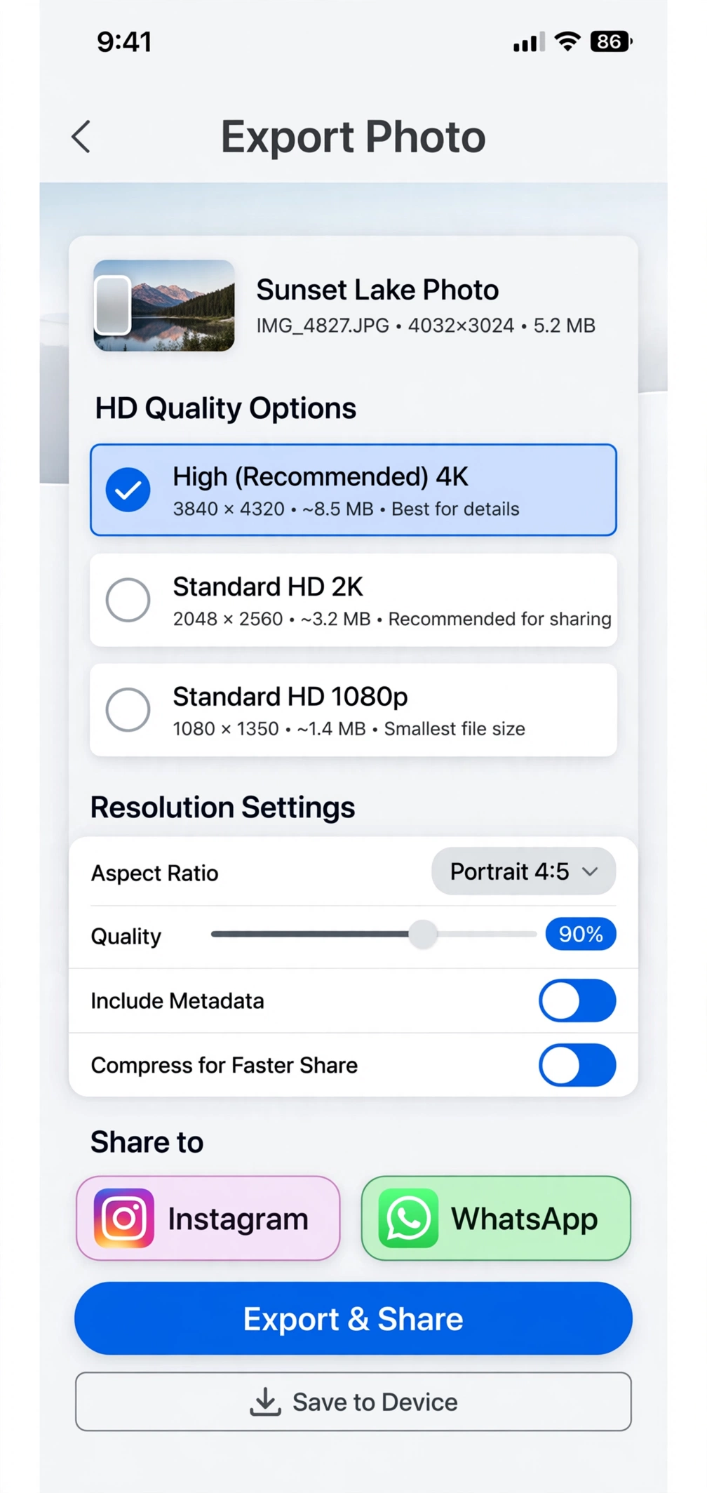 Phone showing Lightroom HD export dialog