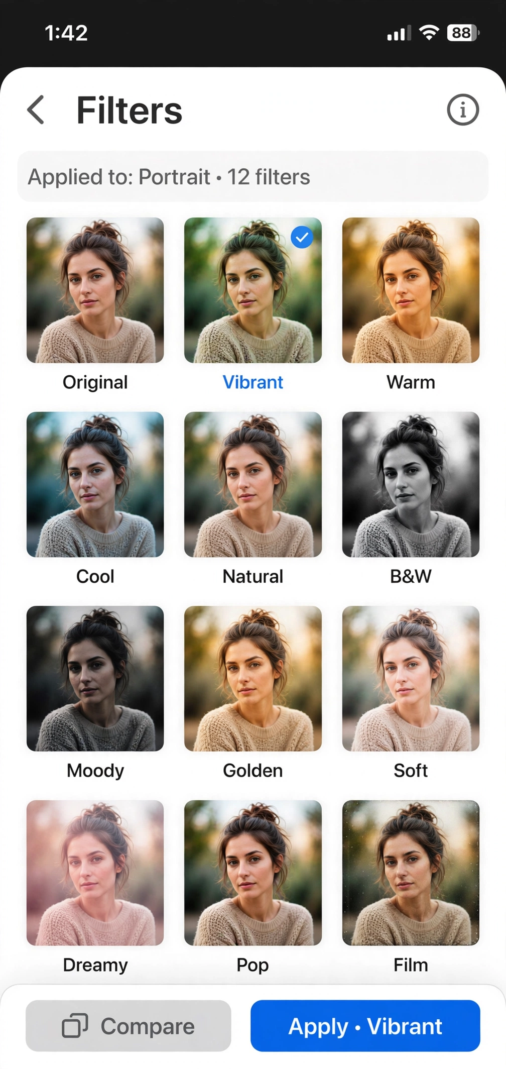 Phone showing Lightroom preset filter grid